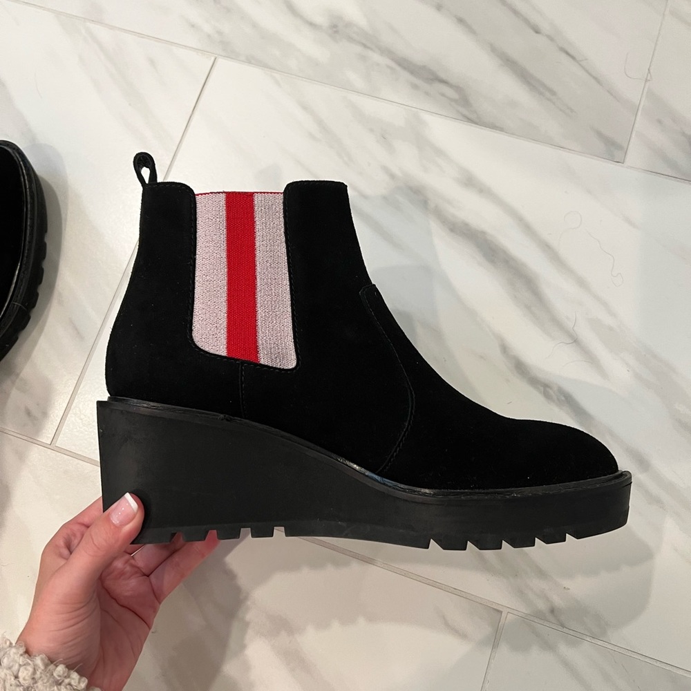 Cecilia New York Gemma Black Booties with Red and White stripe